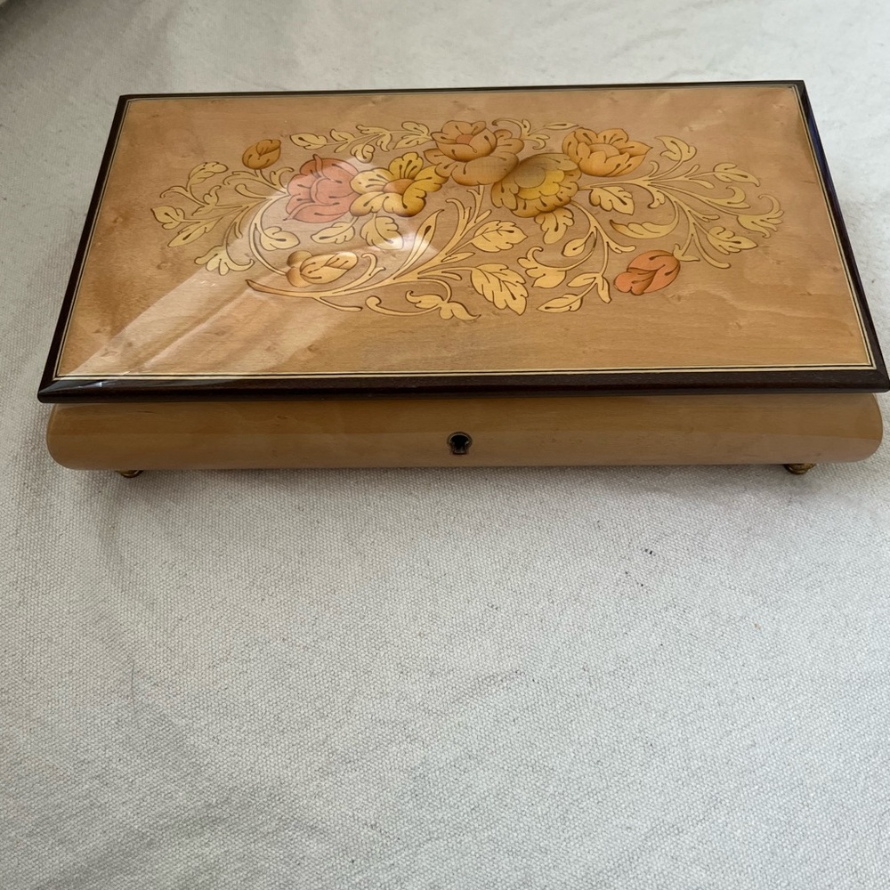 Floral Inlay Wooden Musical Jewelry Box